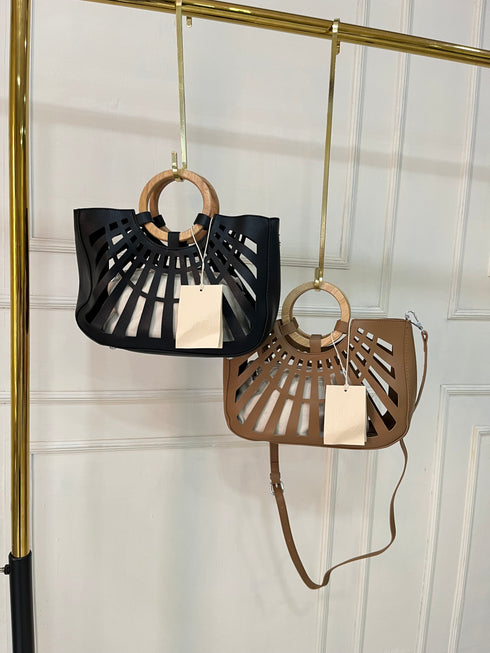 Ladies Hollow Out Design With Wooden Handle and Shoulder Bag